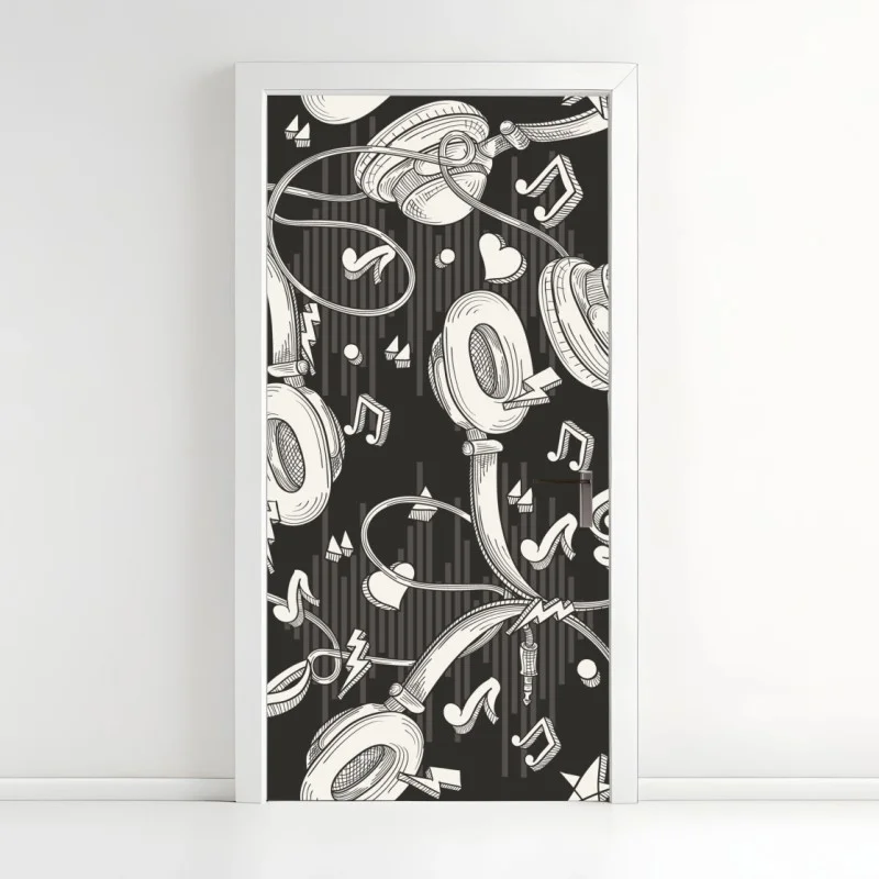Sticker pour porte motif casque audio et notes de musique en monochrome – Wallnifity® Sticker pour porte motif casque audio et notes de musique en monochrome – Wallnifity®