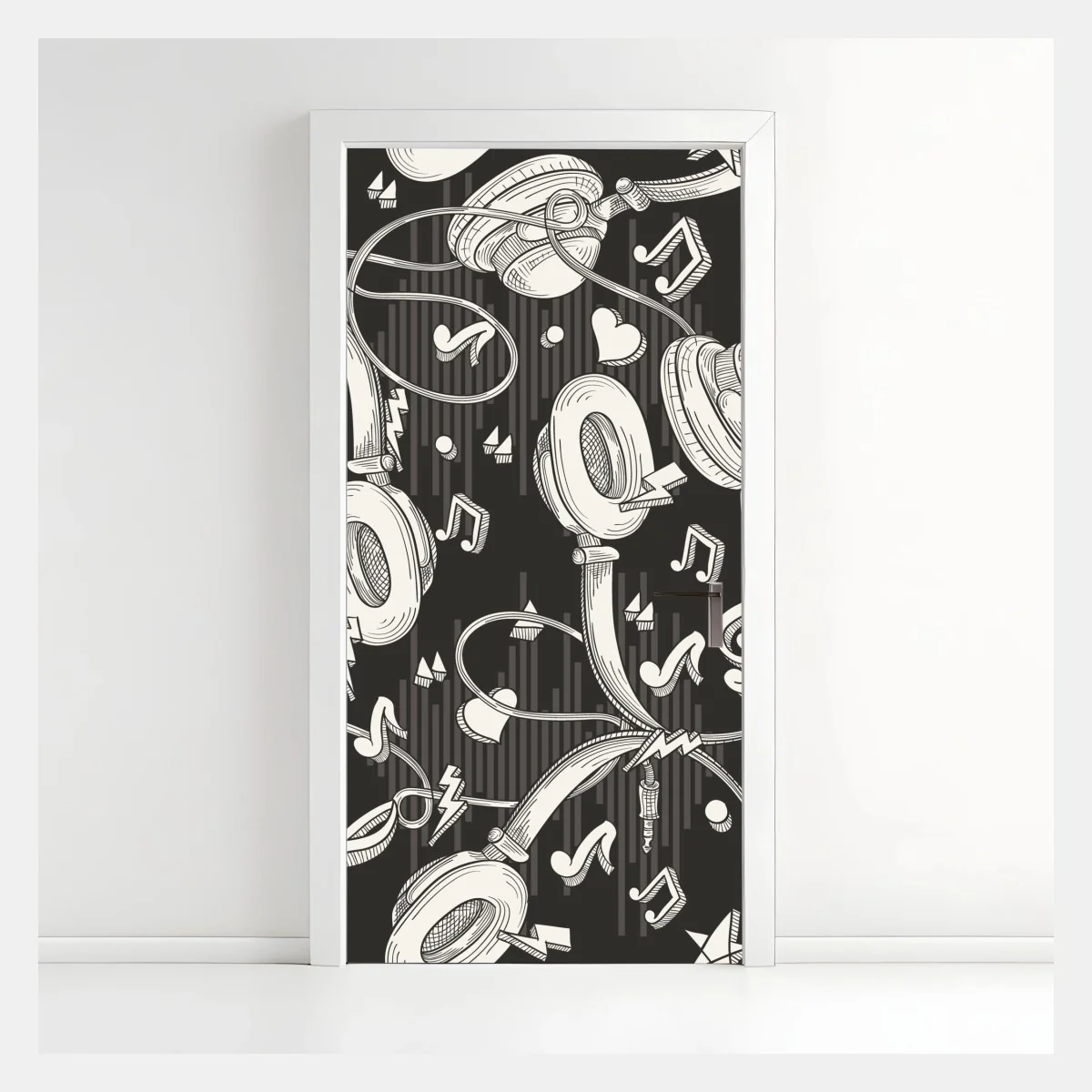 Sticker pour porte motif casque audio et notes de musique en monochrome – Wallnifity® Sticker pour porte motif casque audio et notes de musique en monochrome – Wallnifity®