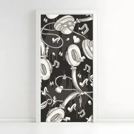 Sticker pour porte motif casque audio et notes de musique en monochrome – Wallnifity®