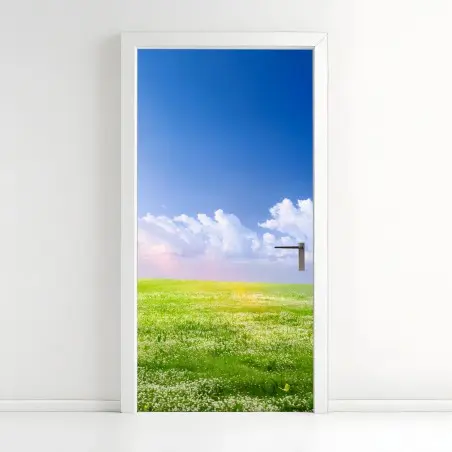 Sticker pour porte horizon printanier sous ciel bleu – Wallnifity®
