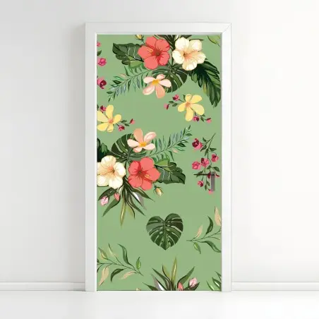 Sticker pour porte motif tropical fleuri sur fond vert – Wallnifity®