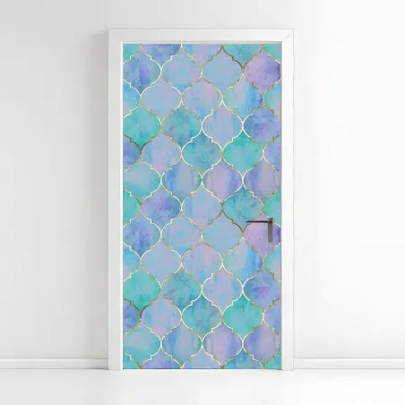 Sticker pour porte motif arabesque aquarelle bleu et or – Wallnifity®