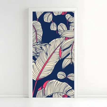 Sticker pour porte feuillage tropical graphique bleu nuit et corail – Wallnifity®
