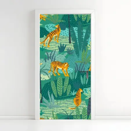 Sticker pour porte scène de jungle aux tigres stylisés – Wallnifity®