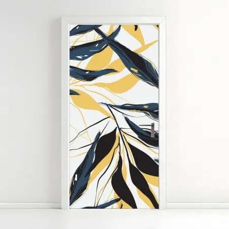 Sticker pour porte feuillage stylisé bleu marine et jaune moutarde – Wallnifity®