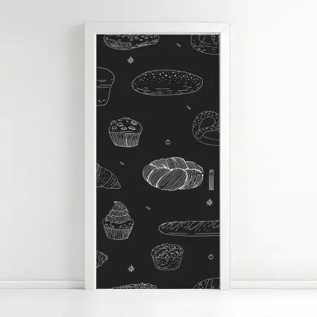 Sticker pour porte motif pâtisseries au trait blanc sur fond noir – Wallnifity®