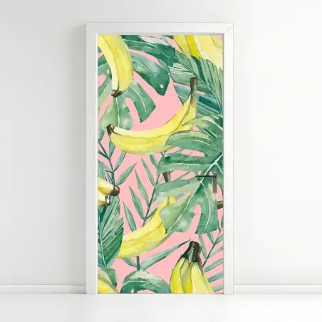 Sticker pour porte motif tropical bananes et feuilles aquarelle sur fond rose – Wallnifity®