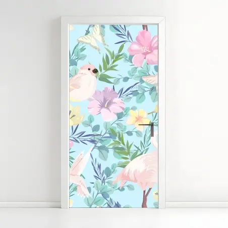 Sticker pour porte jungle pastel au flamant rose et aux colibris – Wallnifity®