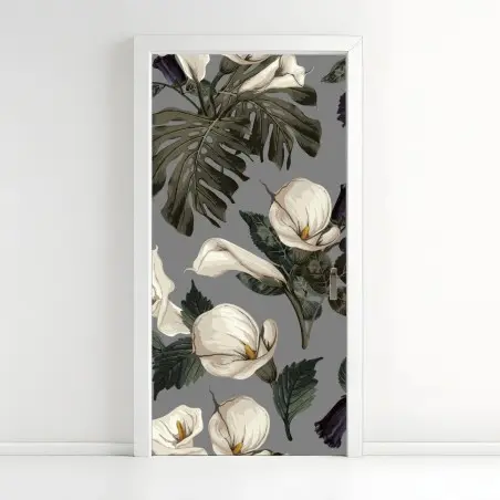 Sticker pour porte motif floral élégant aux arums et monstera sur fond gris – Wallnifity®
