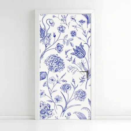 Sticker pour porte motif floral toile de jouy bleu classique – Wallnifity®