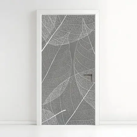 Sticker pour porte motif feuilles squelettes minimaliste blanc et gris – Wallnifity®