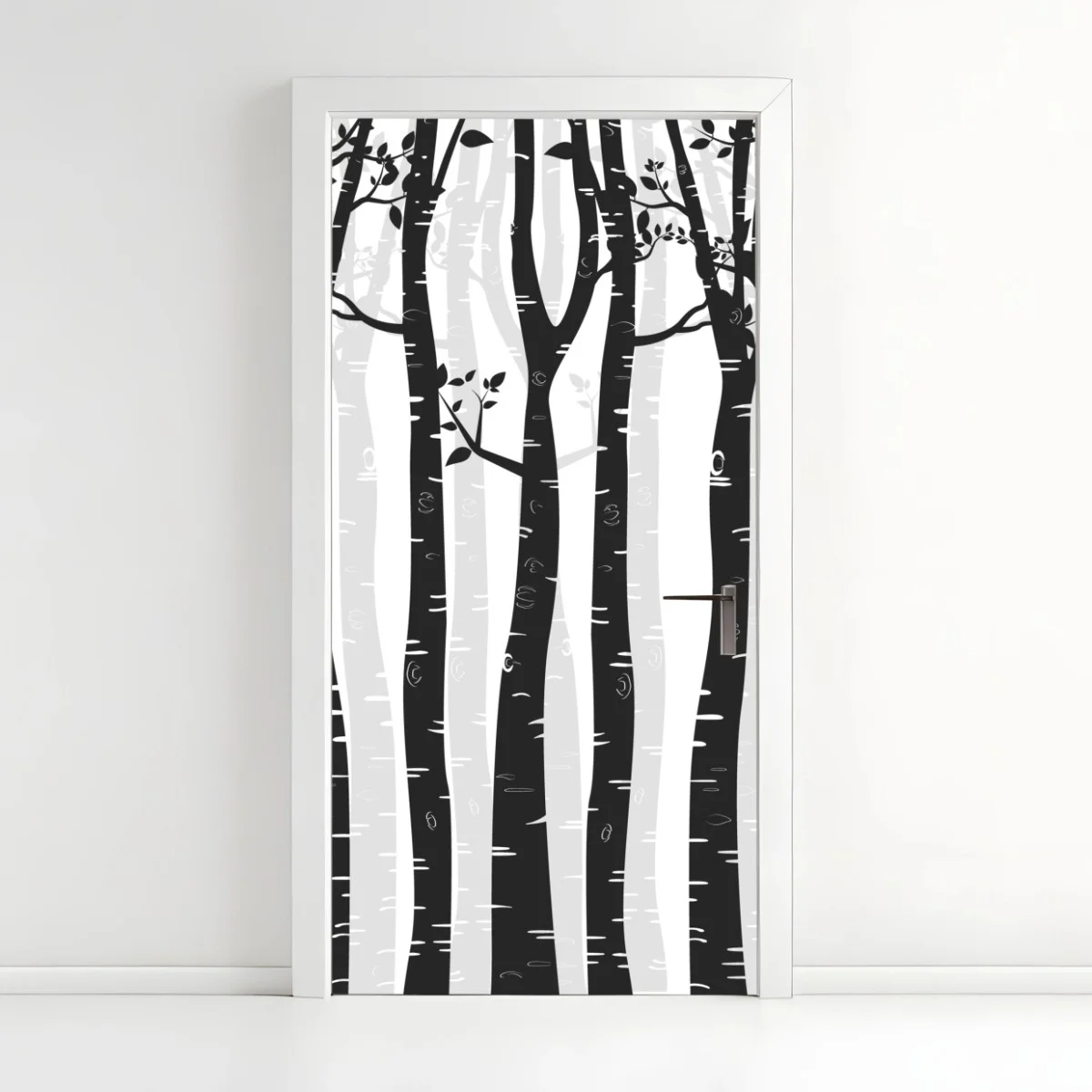Sticker pour porte forêt de bouleaux minimaliste en noir et blanc – Wallnifity® Sticker pour porte forêt de bouleaux minimaliste en noir et blanc – Wallnifity®