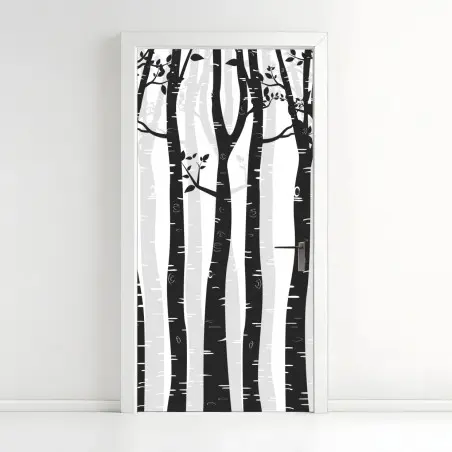 Sticker pour porte forêt de bouleaux minimaliste en noir et blanc – Wallnifity®