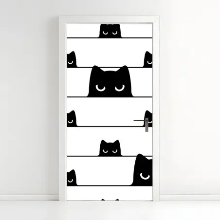 Sticker pour porte motif chats malicieux en noir et blanc – Wallnifity®