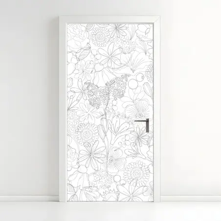 Sticker pour porte motif floral délicat en dessin linéaire – Wallnifity®
