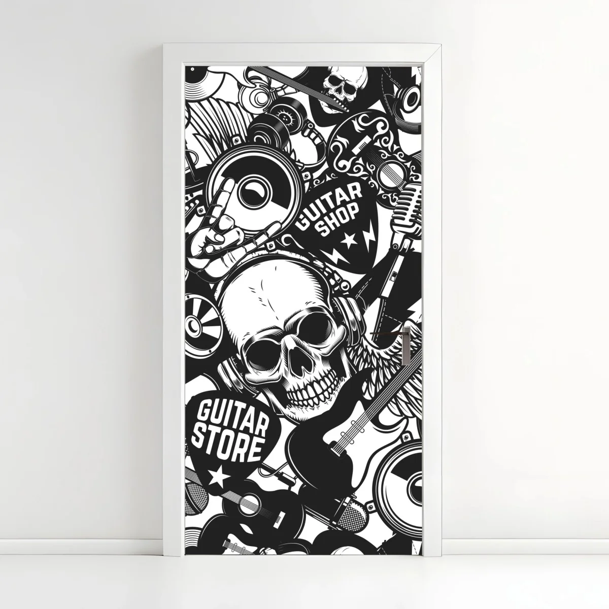 Sticker pour porte motif rock'n'roll monochrome avec crâne et guitares – Wallnifity® Sticker pour porte motif rock'n'roll monochrome avec crâne et guitares – Wallnifity®