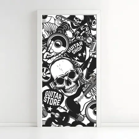 Sticker pour porte motif rock'n'roll monochrome avec crâne et guitares – Wallnifity®
