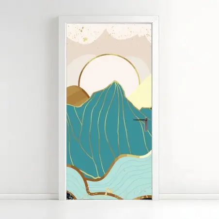 Sticker pour porte horizon montagneux abstrait aux reflets dorés – Wallnifity®