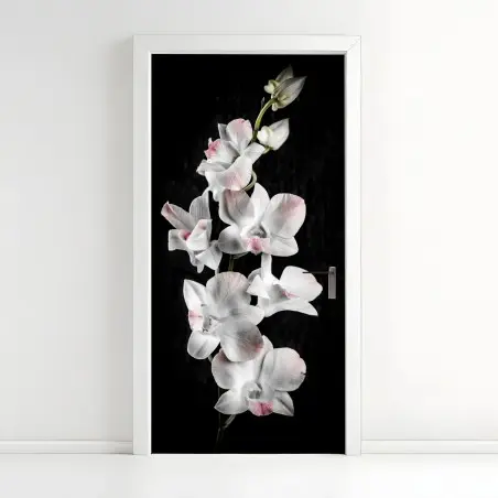 Sticker pour porte orchidée blanche et rose sur fond noir – Wallnifity®