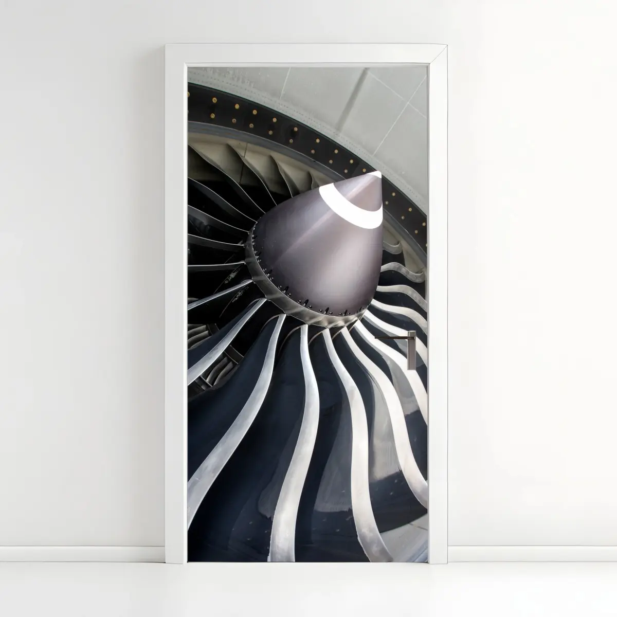 Sticker pour porte mouvement métallique : vue artistique d'une turbine d'avion – Wallnifity®