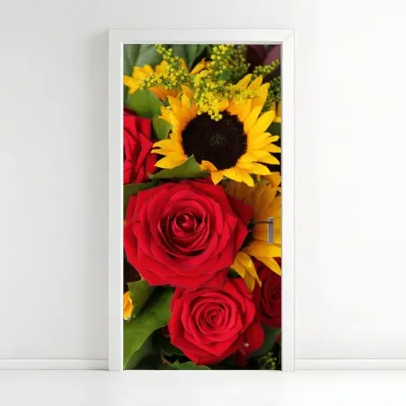 Sticker pour porte bouquet de roses rouges et tournesols éclatants – Wallnifity®