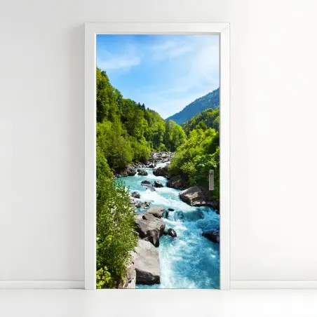 Sticker pour porte rivière turquoise dans une vallée verdoyante – Wallnifity®