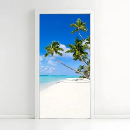 Sticker pour porte paradis tropical de palmiers et plage immaculée – Wallnifity®