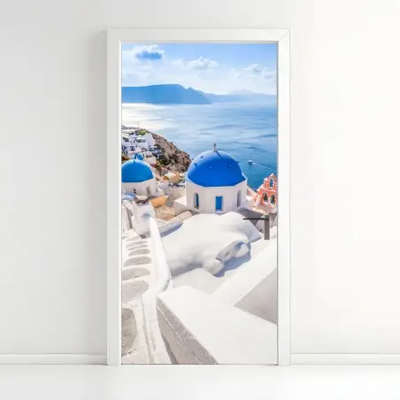 Sticker pour porte paysage côtier de Santorin aux dômes bleus – Wallnifity®