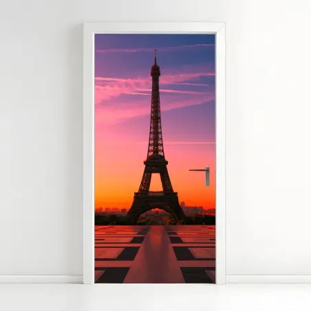 Sticker pour porte Tour Eiffel au lever du soleil ciel rose et orangé – Wallnifity®