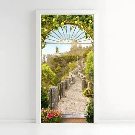 Sticker pour porte chemin pavé fleuri vers un château – Wallnifity®