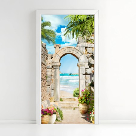 Sticker pour porte arche antique donnant sur la mer turquoise – Wallnifity®