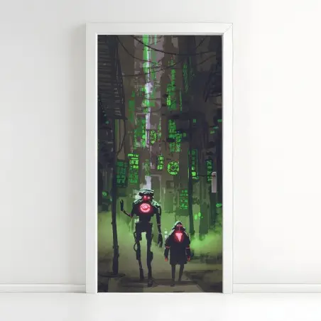 Sticker pour porte ruelle cyberpunk aux néons verts – Wallnifity®
