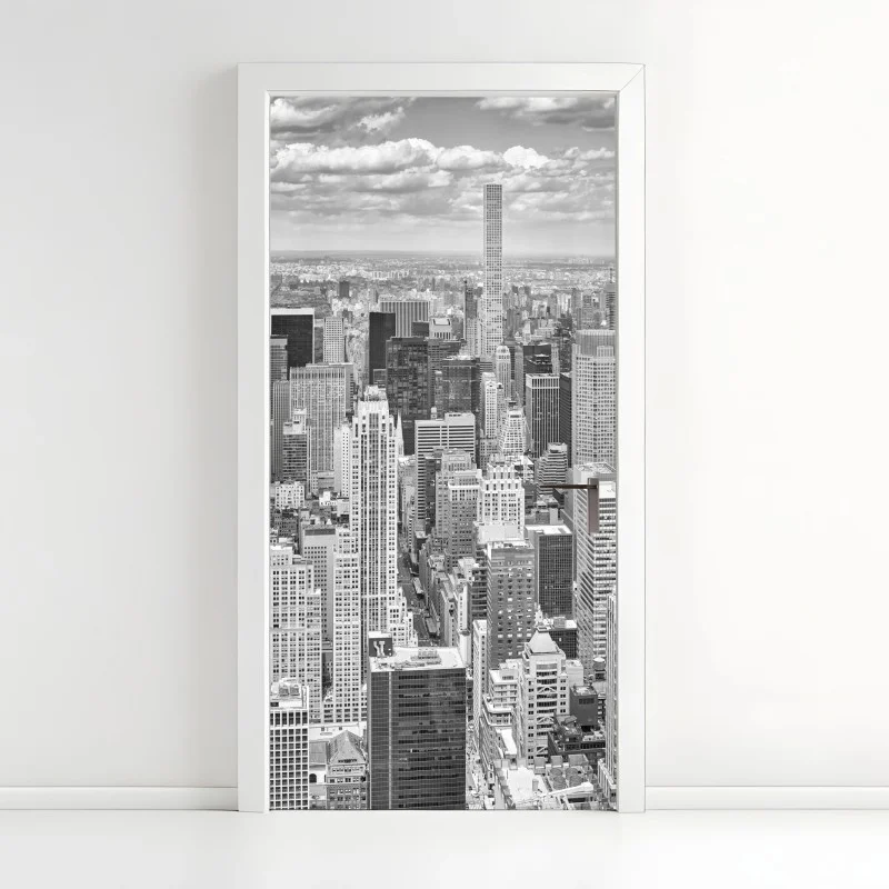 Sticker pour porte panorama urbain en noir et blanc de New York
