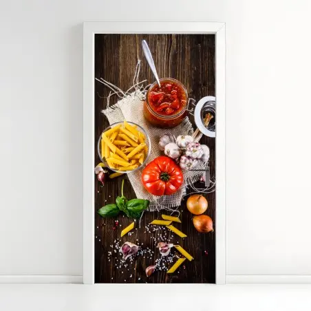 Sticker pour porte composition culinaire rustique aux tomates et pâtes – Wallnifity®