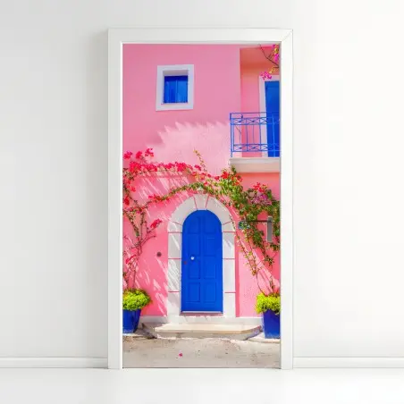 Sticker pour porte porte bleue sur façade rose aux bougainvilliers – Wallnifity®