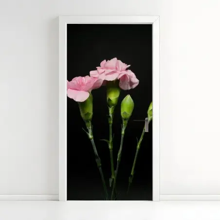 Sticker pour porte bouquet d'œillets roses sur fond noir – Wallnifity®