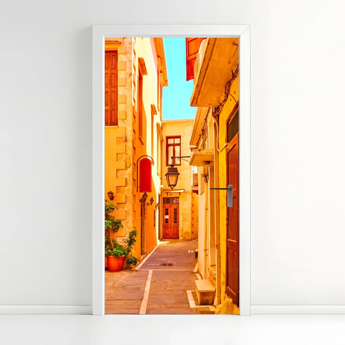 Sticker pour porte ruelle ensoleillée à Rethymno, Crète – Wallnifity® Sticker pour porte ruelle ensoleillée à Rethymno, Crète – Wallnifity®