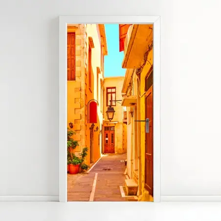 Sticker pour porte ruelle ensoleillée à Rethymno, Crète – Wallnifity®