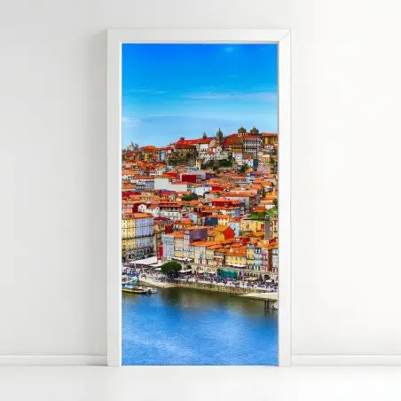Sticker pour porte panorama coloré de Porto au bord du fleuve – Wallnifity®
