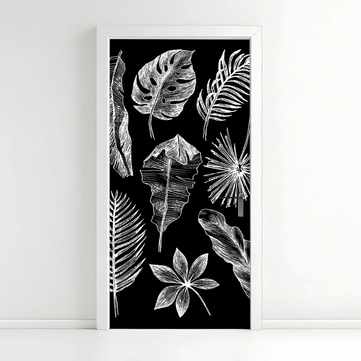 Sticker pour porte motifs de feuilles tropicales en croquis blanc et noir – Wallnifity® Sticker pour porte motifs de feuilles tropicales en croquis blanc et noir – Wallnifity®