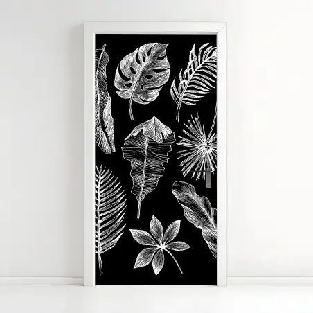 Sticker pour porte motifs de feuilles tropicales en croquis blanc et noir – Wallnifity®