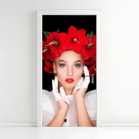 Sticker pour porte portrait élégant à la couronne de fleurs rouges – Wallnifity®