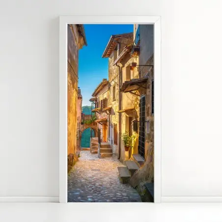 Sticker pour porte ruelle médiévale au coucher de soleil Toscane – Wallnifity®