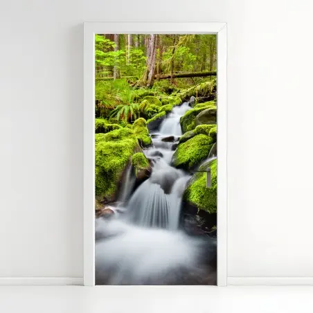 Sticker pour porte cascade sereine de Sol Duc dans la forêt d'Olympic – Wallnifity®