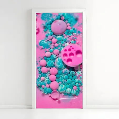 Sticker pour porte marbre liquide rose et turquoise aux bulles organiques – Wallnifity®