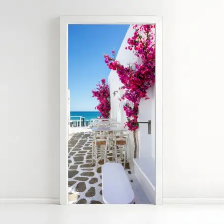 Sticker pour porte ruelle méditerranéenne au bougainvillier – Wallnifity®