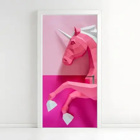 Sticker pour porte licorne géométrique rose sur fond pastel – Wallnifity®