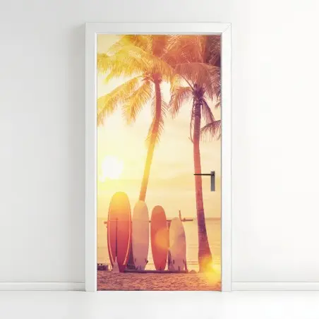 Sticker pour porte coucher de soleil tropical avec planches de surf – Wallnifity®