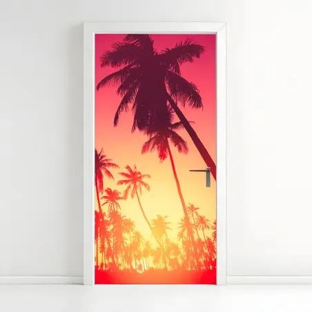 Sticker pour porte silhouettes de palmiers au coucher de soleil tropical – Wallnifity®