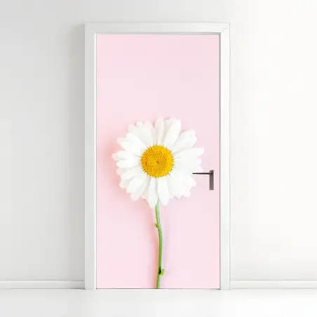 Sticker pour porte marguerite blanche sur fond rose minimaliste – Wallnifity®
